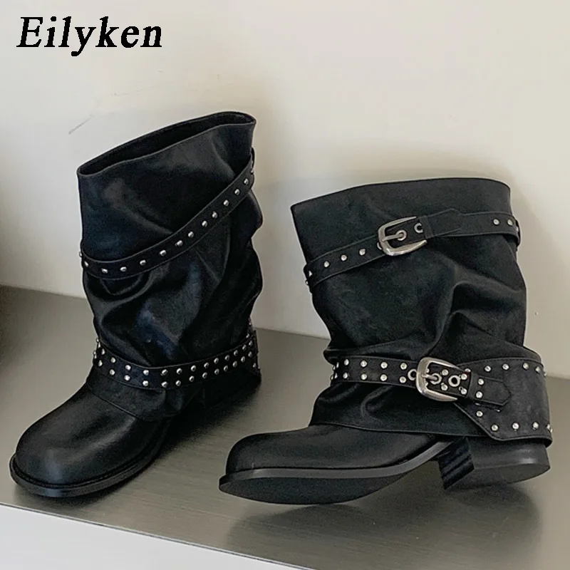 Eilyken Fashion Design Splicing Rivet Belt Buckle Woman Ankle Boots Punk Style Round Toe Square Low Heels Banquet Shoes