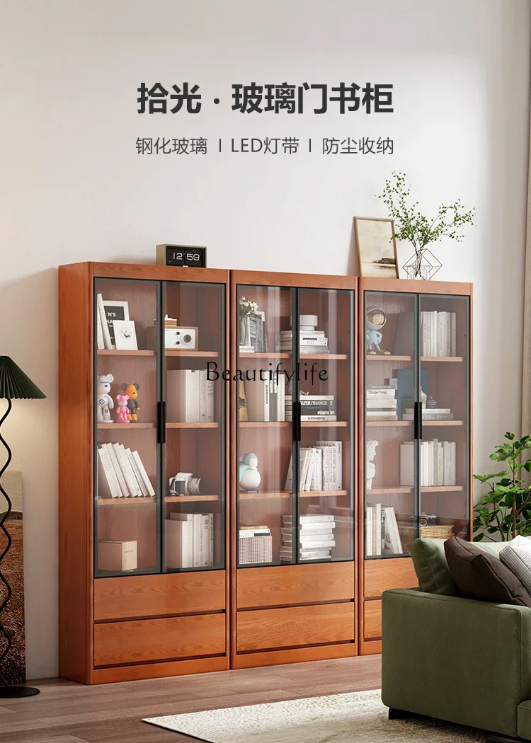 X4 parts and accessoriesBookcase with glass door Solid wood dustproof living room Home display cabinet Floor storage