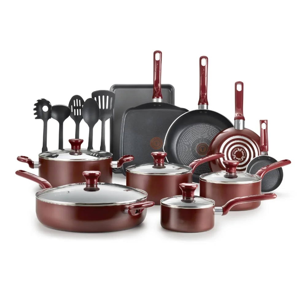 

T-fal Easy Care Nonstick Cookware, 20 Piece Set Red Dishwasher Safe Cookware Sets