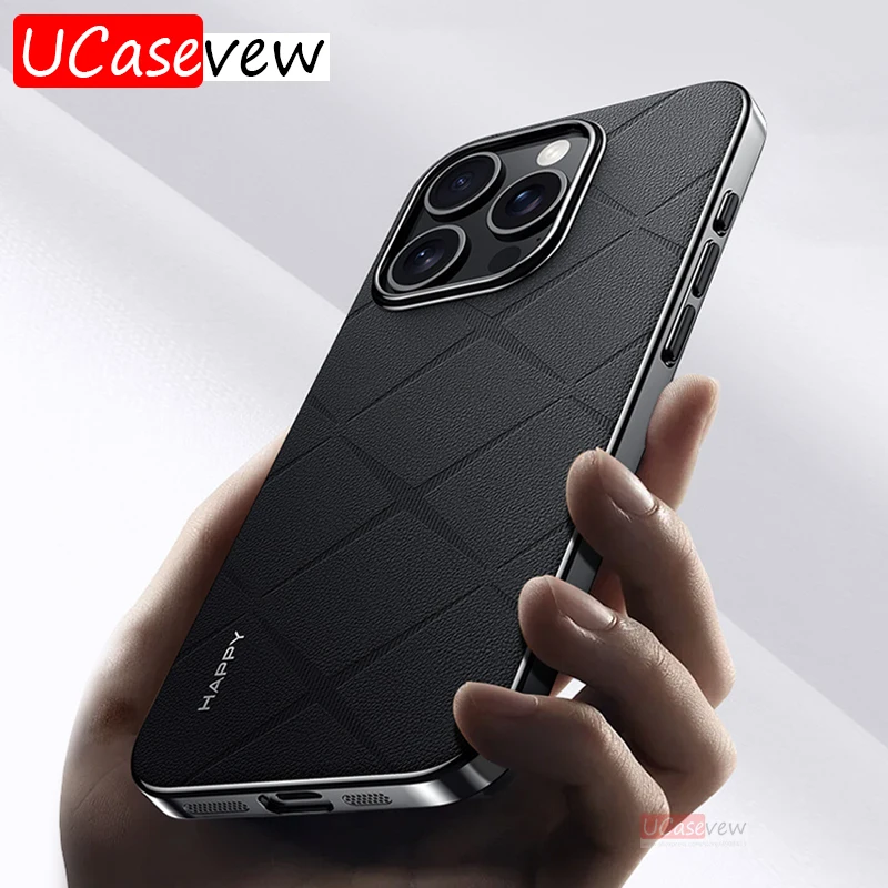 

Elegant Retro Plaid Texture Leather Phone Case For iPhone 13 14 15 16 Promax Skin Feel Seismic Electroplated Cover For iPhone 16