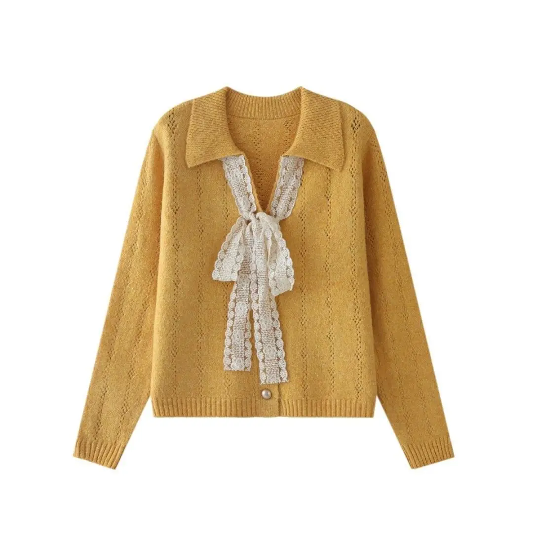 

Design temperament lace-up bow V-neck wool blended sweater cardigan foreign style age reduction autumn