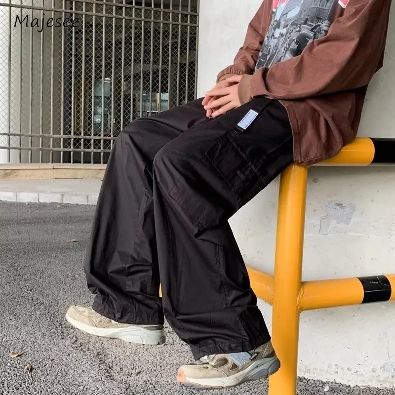 Cargo Pants Men Mid Waist Drawstring Hip Hop Japanese Style Streetwear Slouchy Pure Color Preppy Trouser Baggy Youthful Vitality