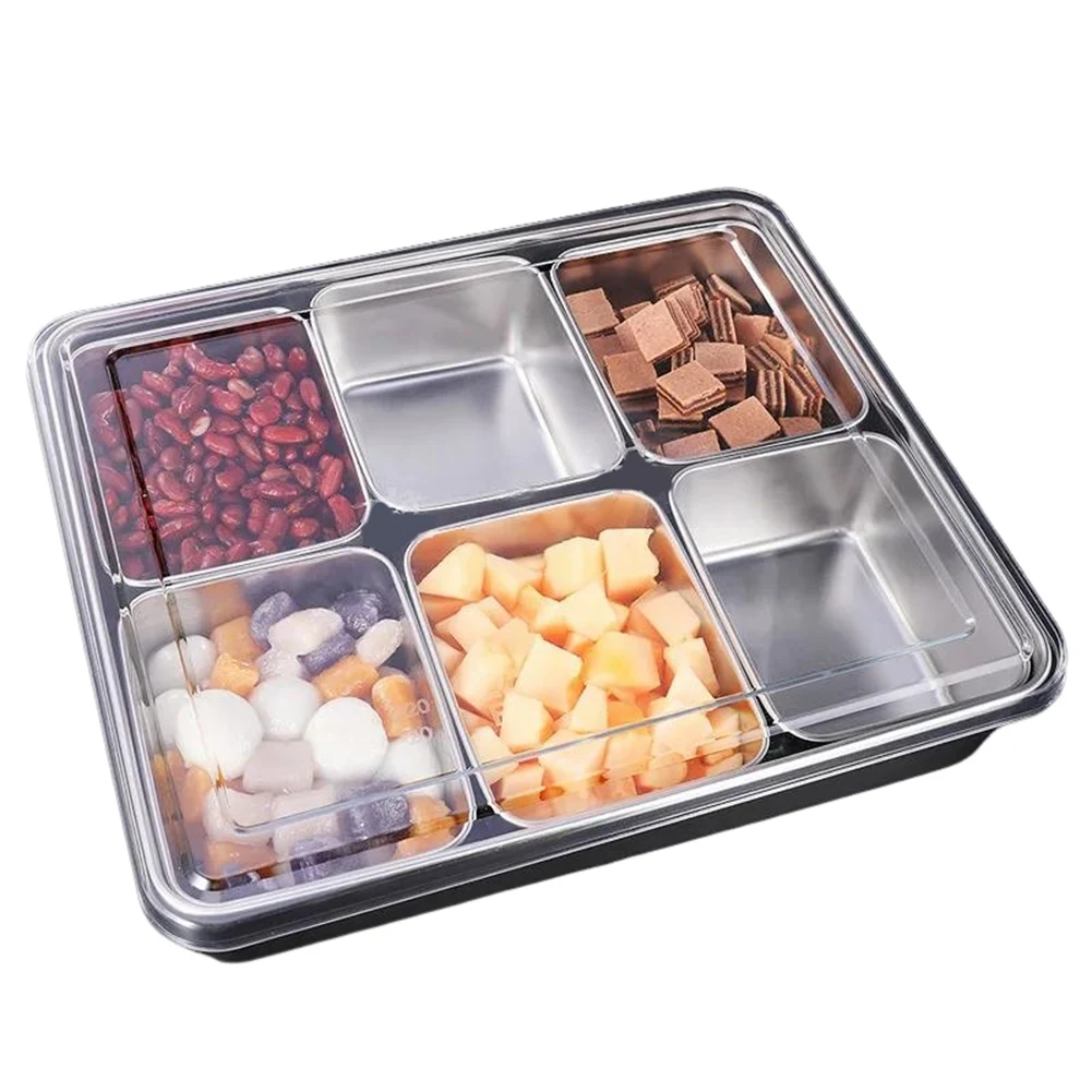 2026 New Stainless Steel Box 6 Container Pizza Seasoning Box Ingredients Box Fruits Sauce with 6 Removable Compartment with Spoo