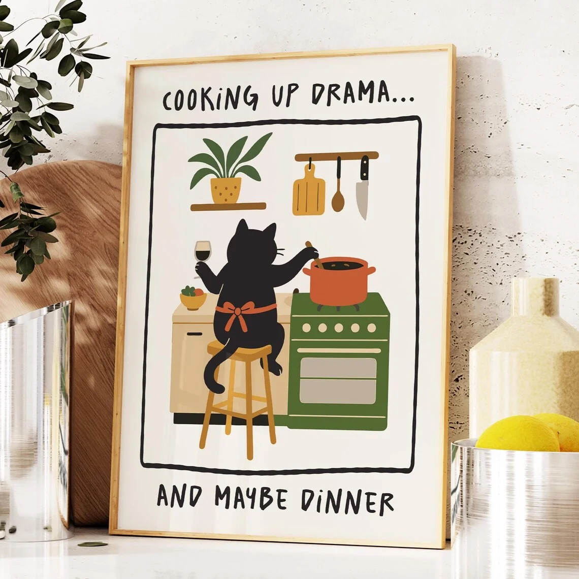 Funny Cat Kitchen Print, Cat Lover Gift, Black Cat Art Print, Cute Cat Owner Home Decor, Cat Cooking Dinner Poster, Quirky Wall