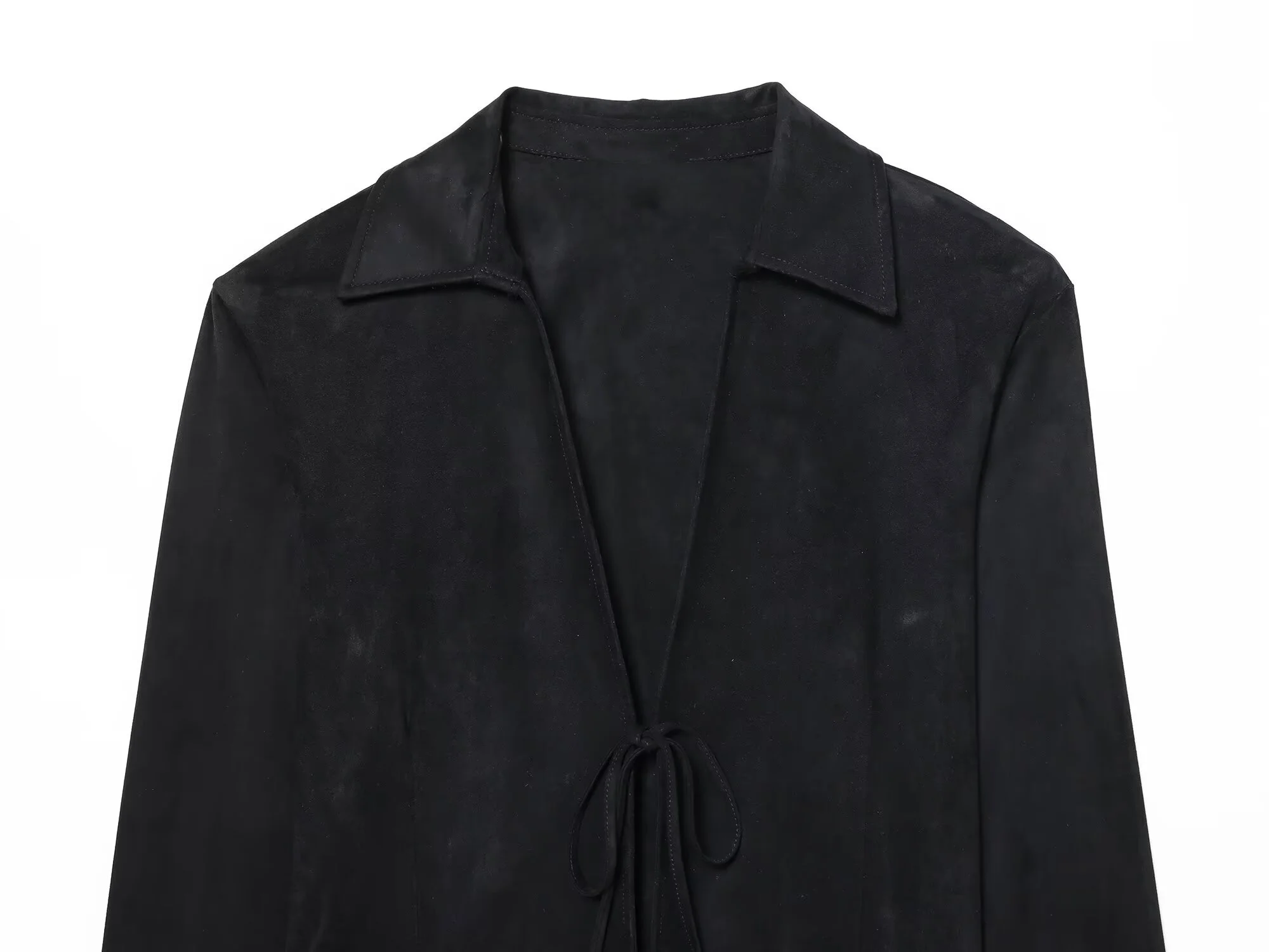 2025 Winter New Women's Casual Fashion Simple Lapel Fleece Effect Tie-Waist Slim Fit Long Sleeve Top