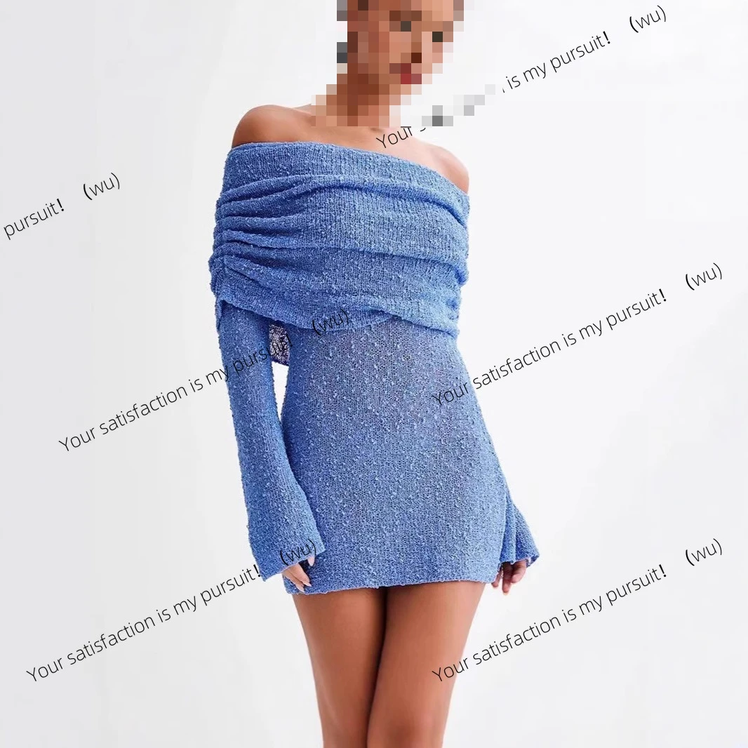 ヨーロッパとアメリカの女性向けニットウェア、ショートビーチスカート、セクシーな透け感のある長袖ショルダードレス