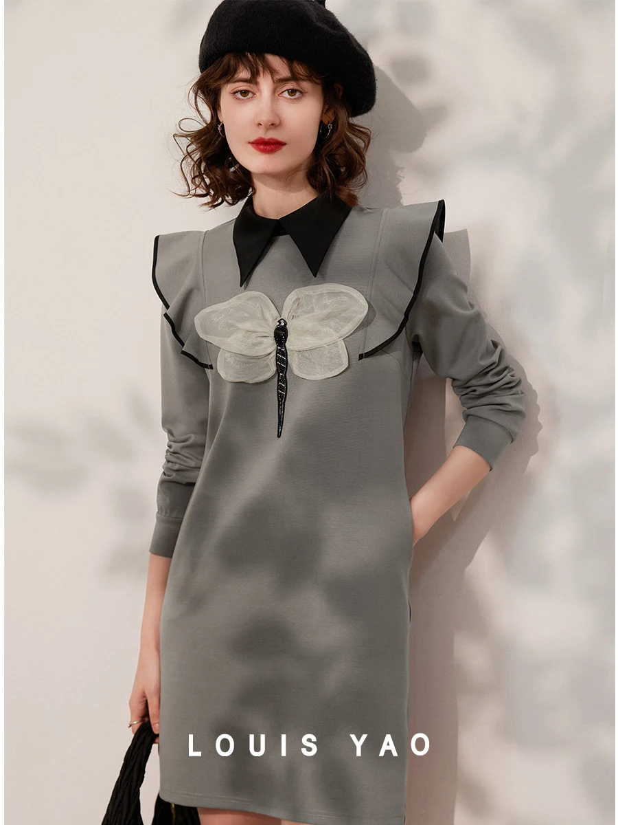 LOUIS YAO Women Dress Polo Neck Long Sleeve 2024 Spring New 3D Dragonfly Flounce Straight Casual Fashionable Mini Dress