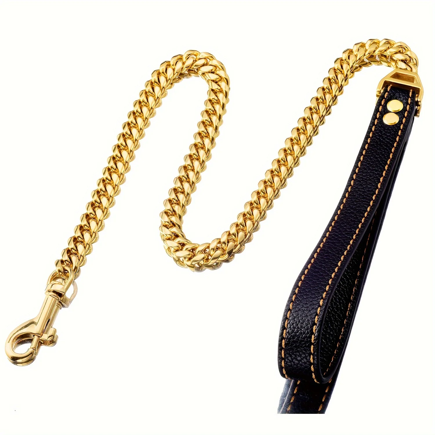 18K Golden Stainless Steel Dog Chain Leash with Comfortable Leather Handle - 3.5FT Length for Small, Medium, and Large Dogs