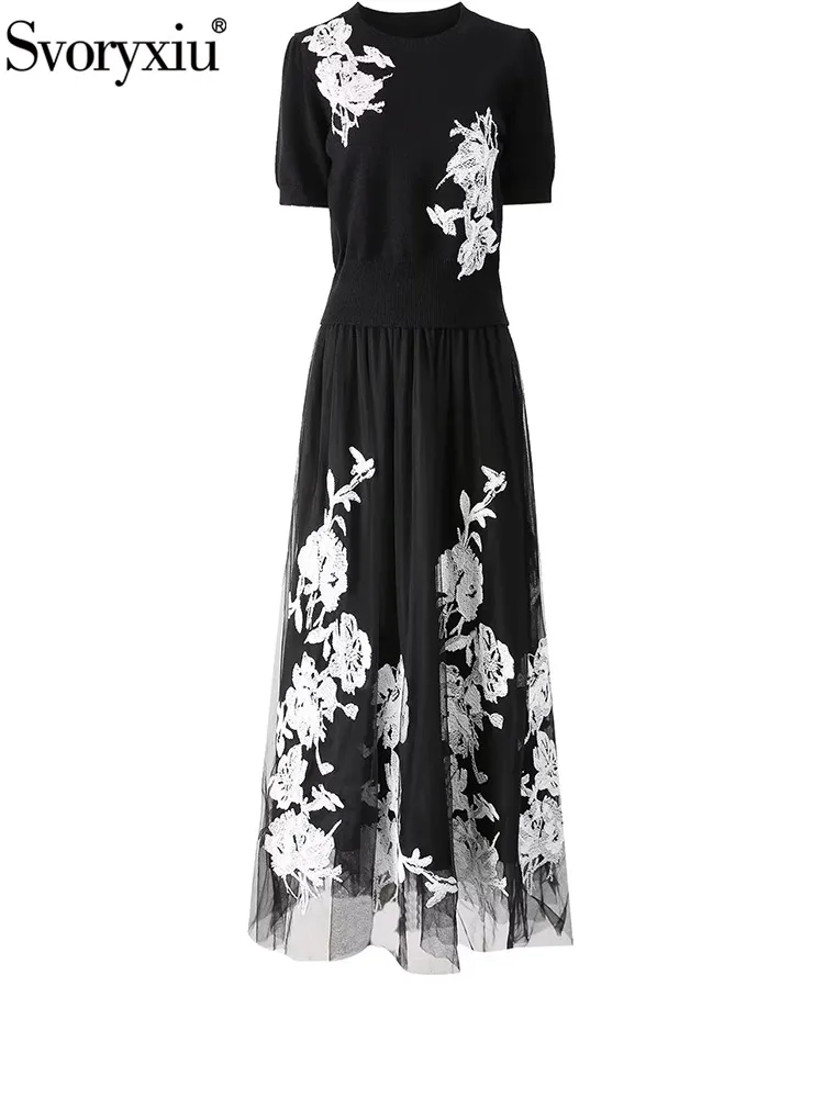 

Svoryxiu Fashion Runway Summer Black Floral Half Skirt Suit Women's O-Neck Short Sleeve Pullovers+Belt Slim Net Yarn Long Skirt