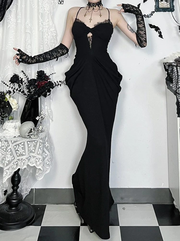 

Новинка 2025, элегантное ретро-платье феи в стиле гранж, женские готические темные кружевные лоскутные платья миди с открытыми бретельками и высокой талией