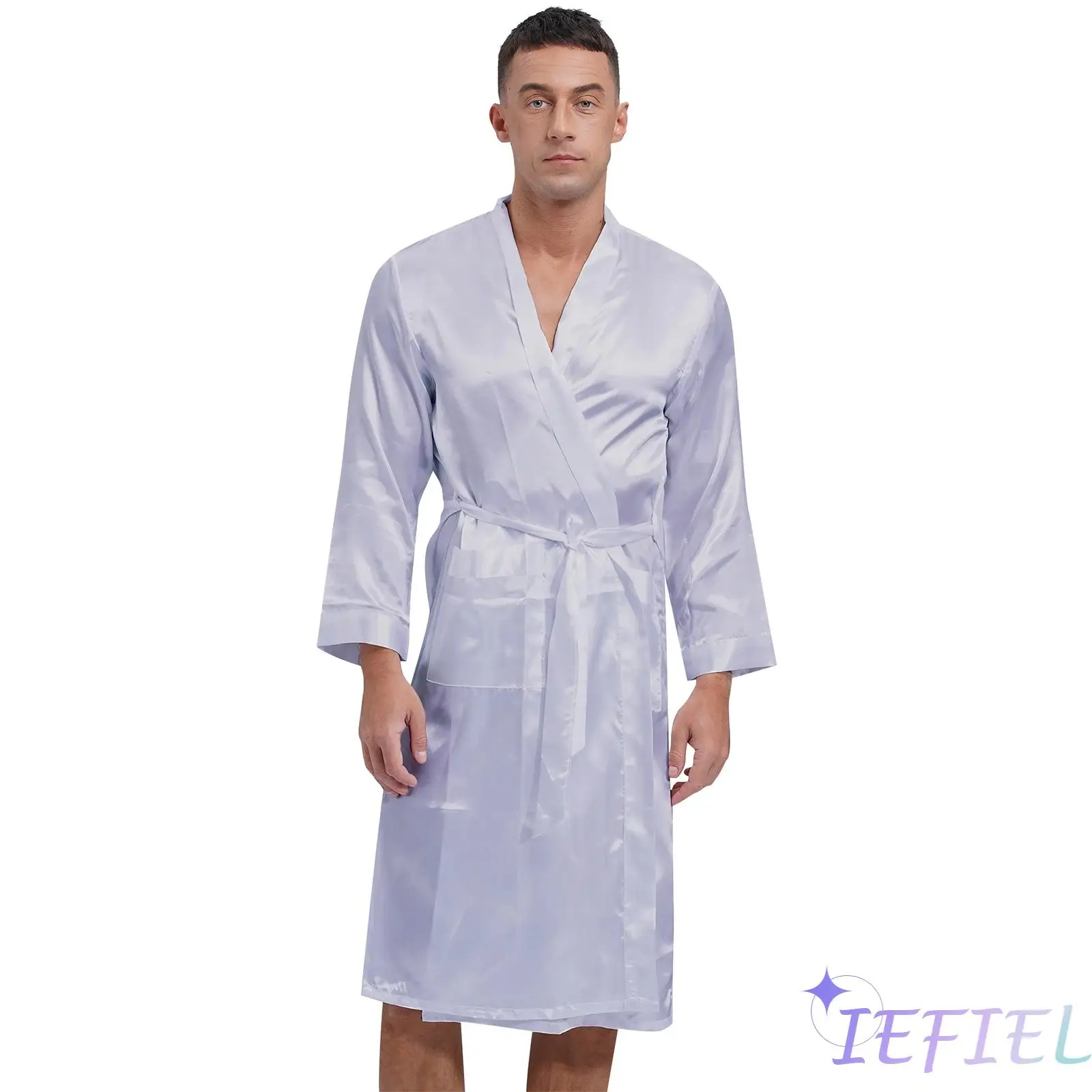 Men Satin Ice Silky Kimono Robe Luxury Lightweight Bathrobe Long Sleeve Sleepshirts Nightgown Pajamas Set Sleepwear Homewear 2Pc