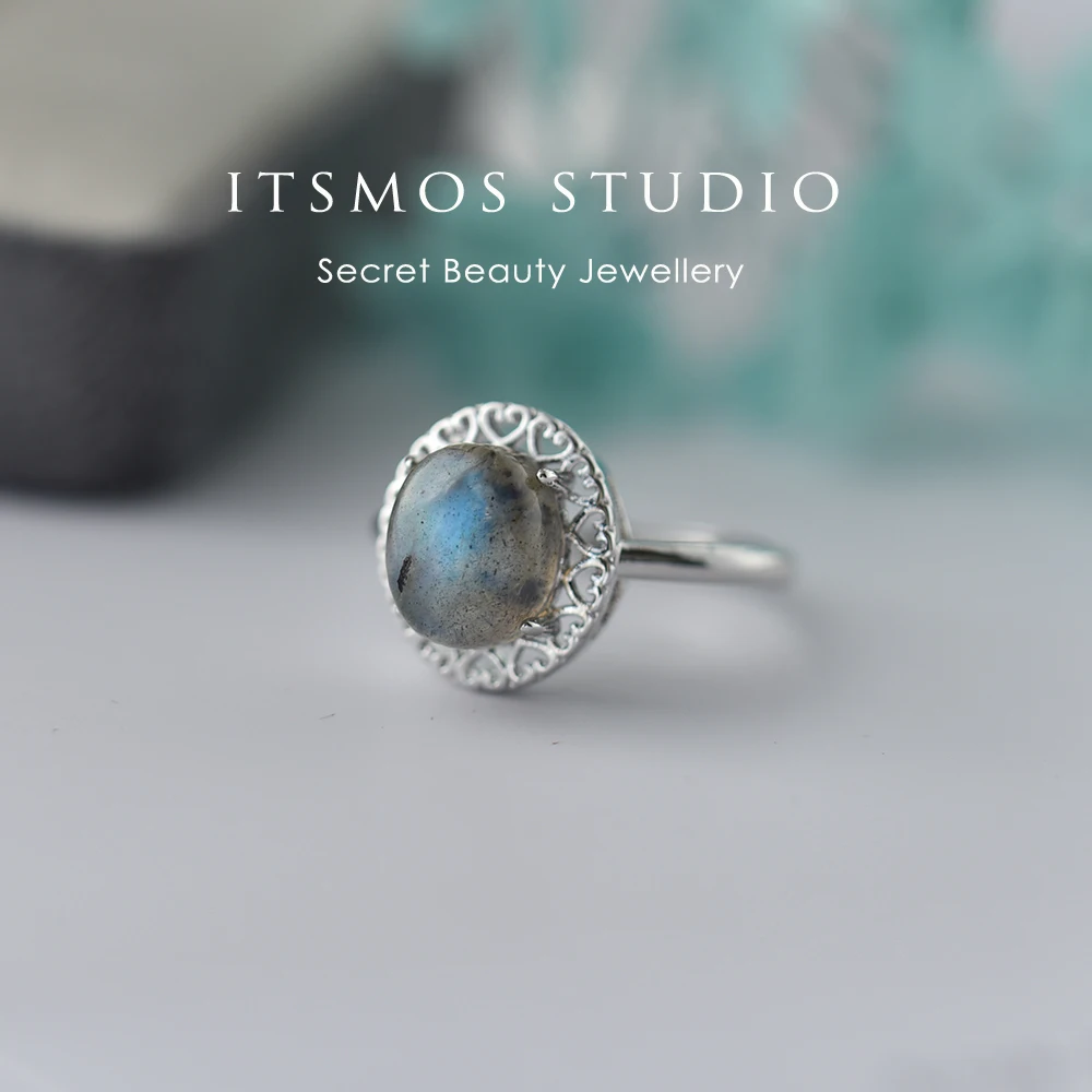 ITSMOS Delicate Open Heart Ring Genuine Labradorite Dainty Hollow Ring Spiritual Healing Stacking Ring Crystal Gift for Women