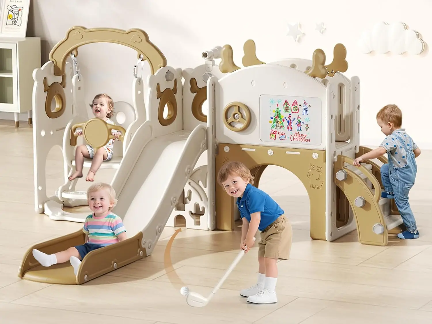 Slide e balanço para crianças pequenas, conjunto de jogos 11 em 1 com escorregador infantil, prancheta, conjunto de golfe, cesta de basquete e espaço de armazenamento para