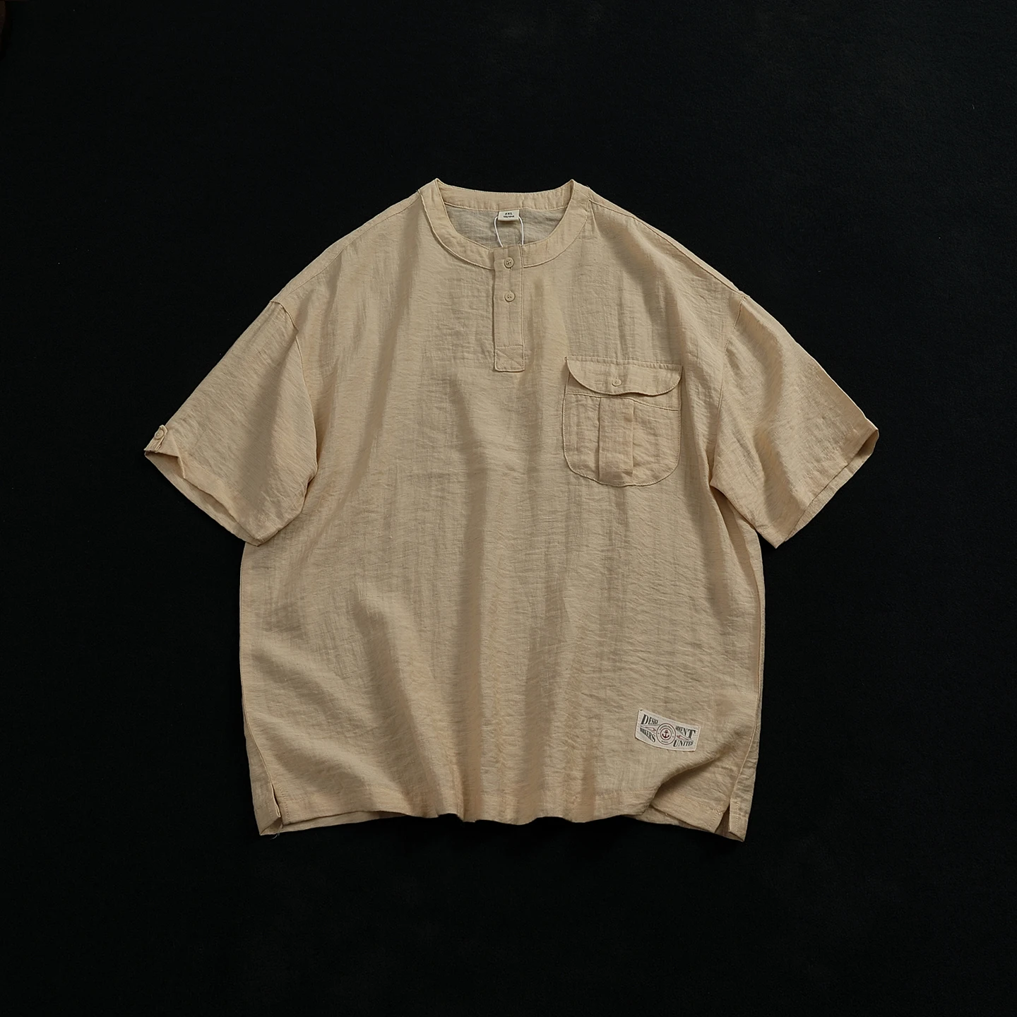 

Retro Japanese Workwear Style Henry Collar Linen Blend Short Sleeve T-Shirt Men's Loose Texture Pocket Body Shirt Ice Sensation