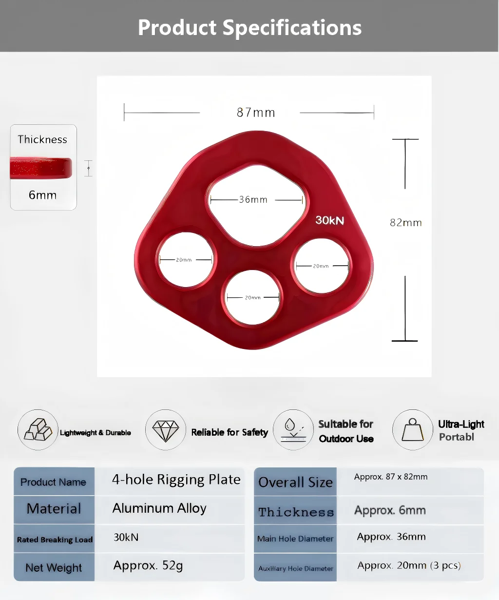 PRIOR FITNESS 30KN 4-Hole Rigging Plate, 7075 Aluminum Load Divider Plate for Aerial Yoga Rock Climbing Rescue Training