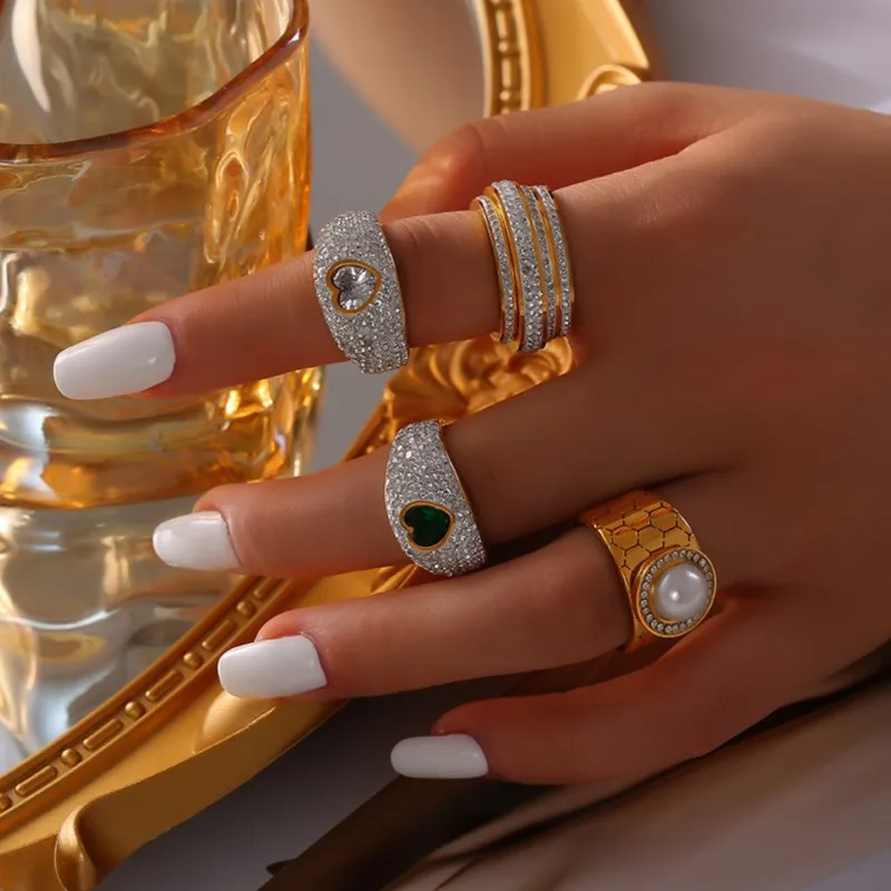Elegant Fadeless Stainless Steel Rings For Women Gold Plated Inlaid Zircon Women's Finger Ring Girls Rings Luxury Woman Jewelry image 3