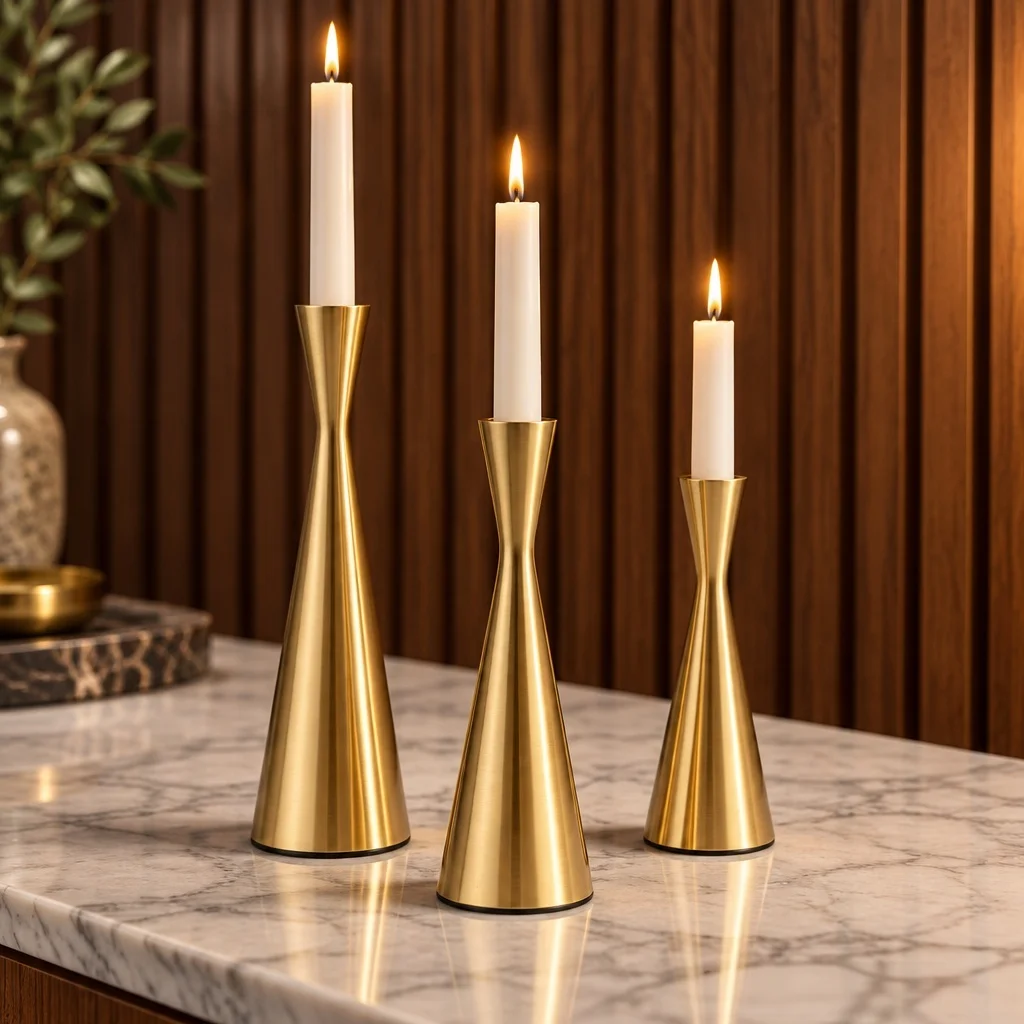 Mid Century Hourglass Candle Holder Set of 3, Metal Taper Candlesticks with Non-Slip Base, 4 Color Options, Tabletop Home Decor