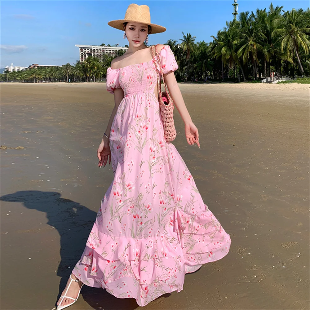 

New Bohemian Summer Holiday Beach Long Maxi Dress Sexy Women Square collar Puff Sleeve Hollow Out Chiffon Robes Femme