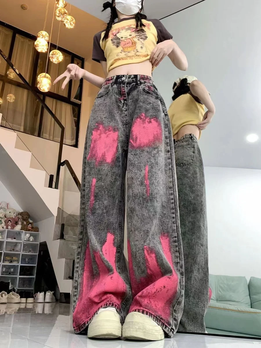 Retro American High Street Women's Jeans Summer New Small Design Graffiti Hiphop Wide Leg Floor-Length Pants