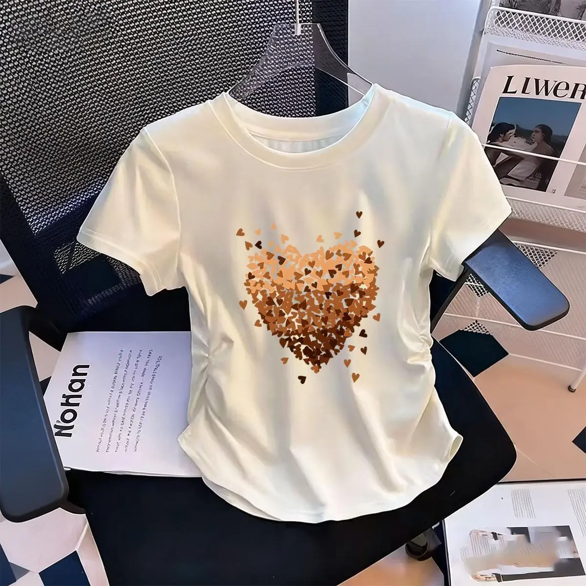 

Women's Waist-Defining Elastic T Shirt Brown Heart Shapes printed Short Sleeve Round Neck top tee Harajuku