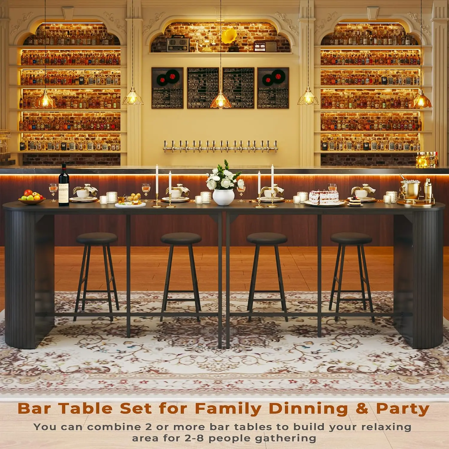 Fluted Bar Table And Chairs Set, 55'' Long Bar Tables With 2 Stools, 3 Piece Counter Height Dining Table For 2,, Customized