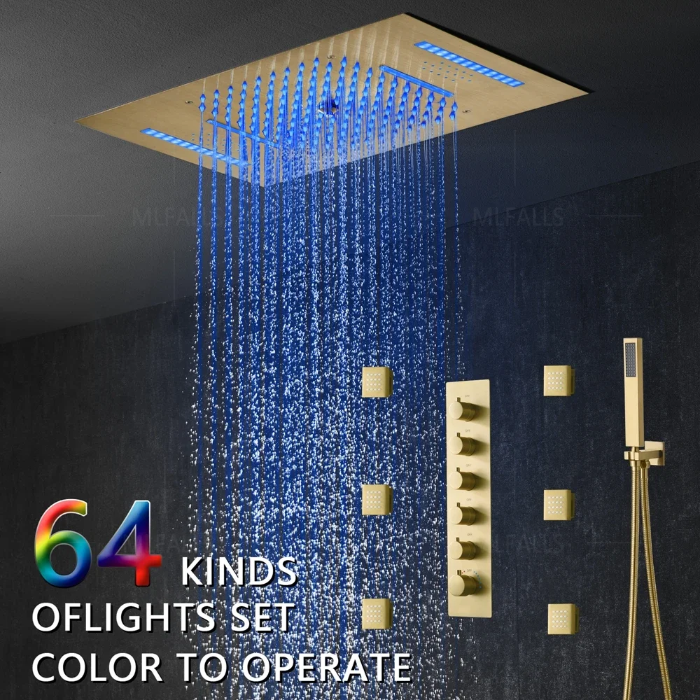 Luxurious  5 Function Brushed Gold Shower Faucet LED Thermostatic Shower Set