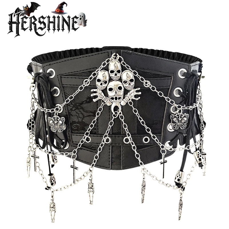 HERSHINE Women's Fashion Skull Cross Chain Elastic Wide Belt, Y2K Gothic Punk Harajuku Rock Hip Hop Cosplay，spring，summer