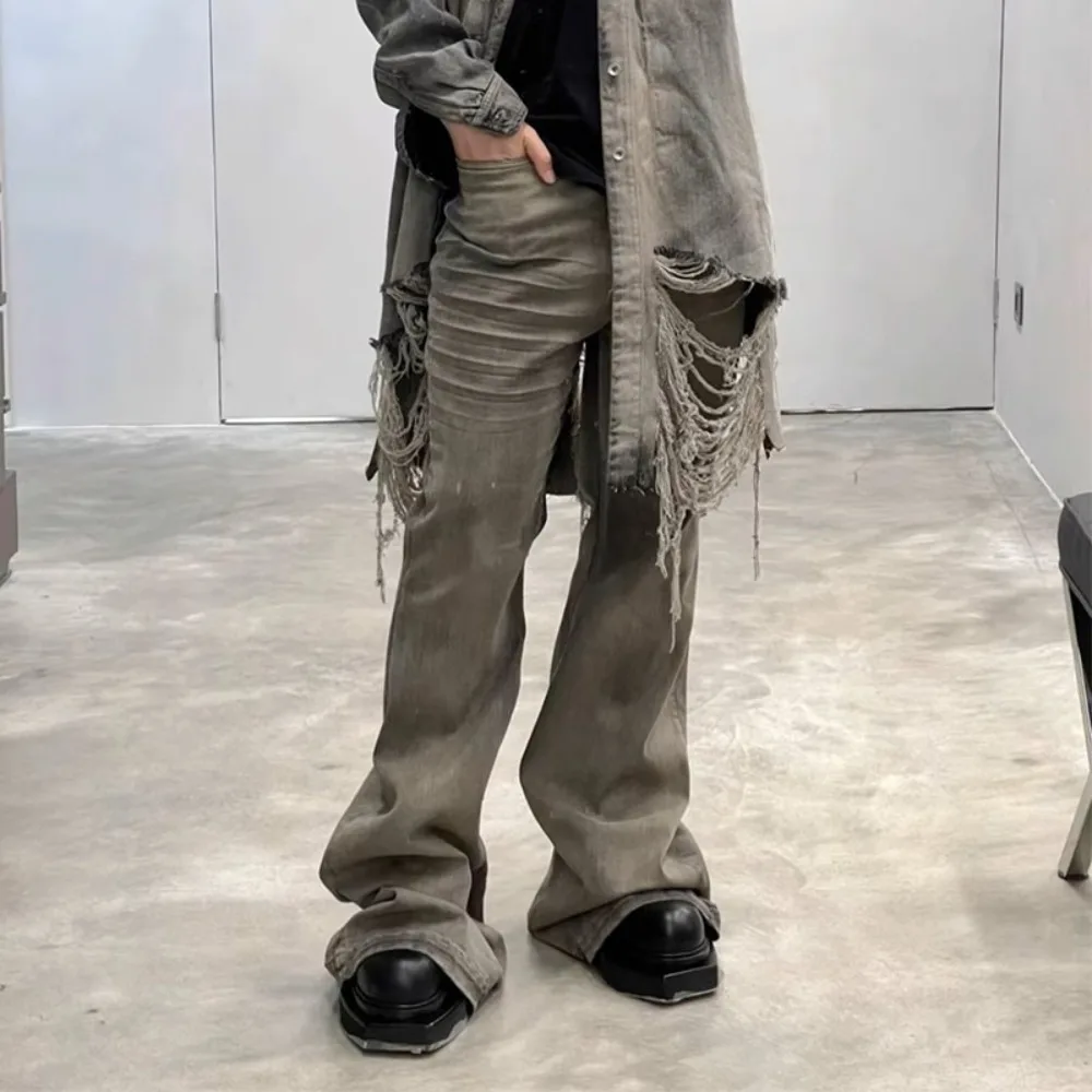 High Street RO Style Denim Pants Men's Desert Color Horn Wide Legs Look Skinny Dragging Floor Wrinkled Cat Beard Jeans Pant