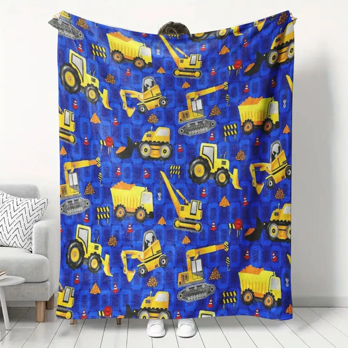 1pc Construction Vehicle Blanket - Heavy Equipment Theme with Bulldozer, Excavator, Dump Truck & Cement Mixer Print - Soft Plush