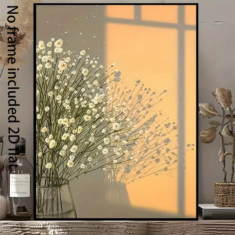 2D Flat, 2D Flat, A Decorative Canvas Painting of Small White Flowers by The Window Casts a Gentle Shadow in The Sunlight, Ca
