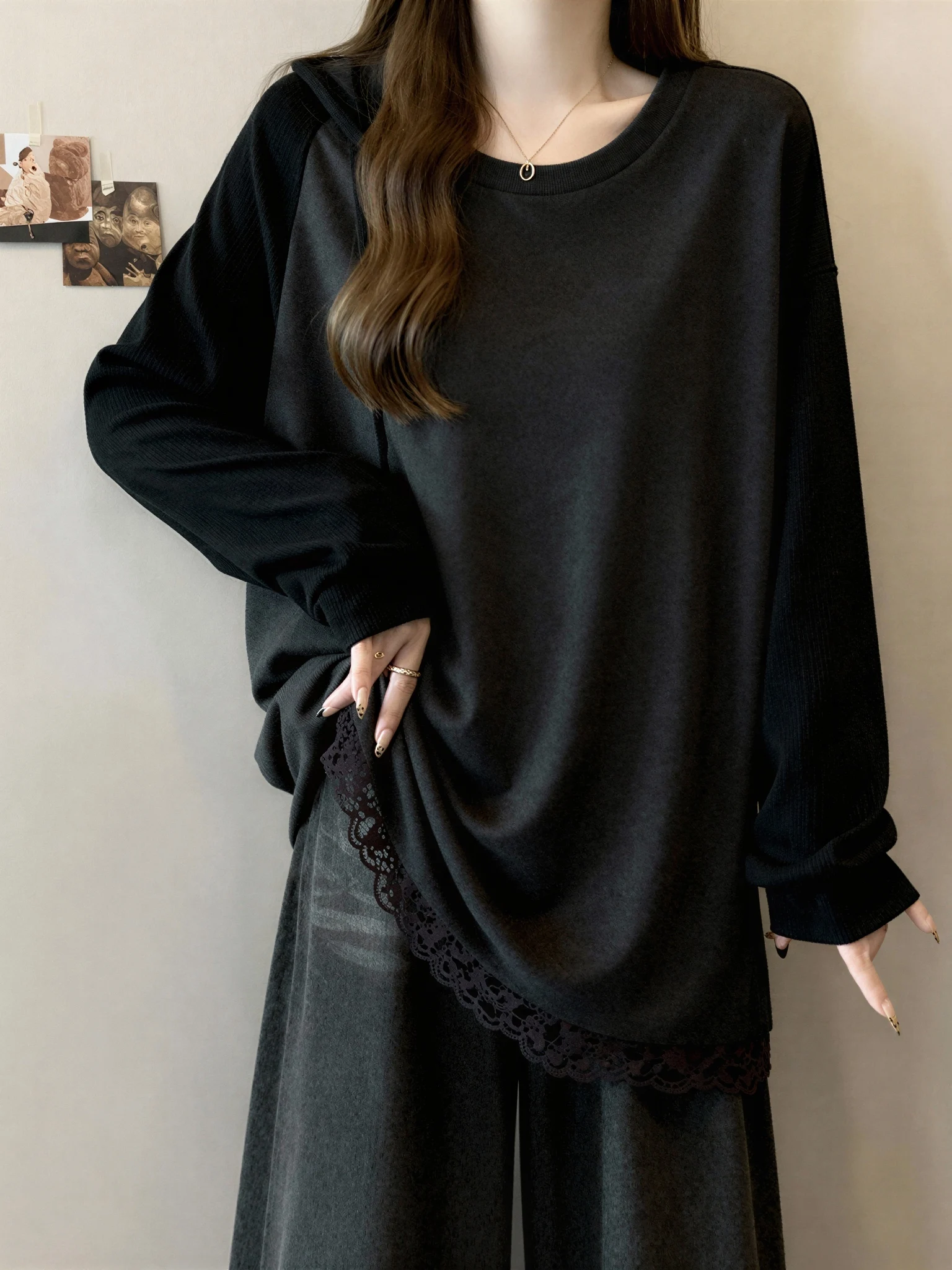 Lace Splice Long Sleeve T-Shirt Women's Spring Autumn New Large Size Fat MM Fashionable Mid-Length Butt Covering Top