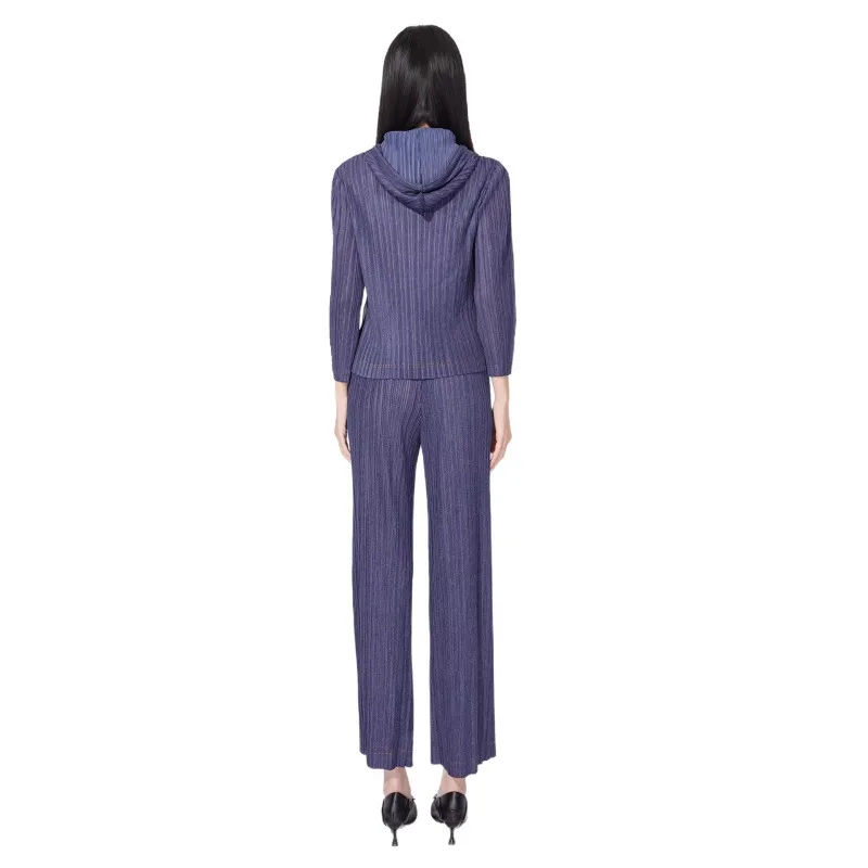 Miyake Pleated Denim Blue Pleated Set Spring and Autumn Pleated Hooded Zipper Top Commuter Wide-Leg Pants Two-Piece Set Pleat