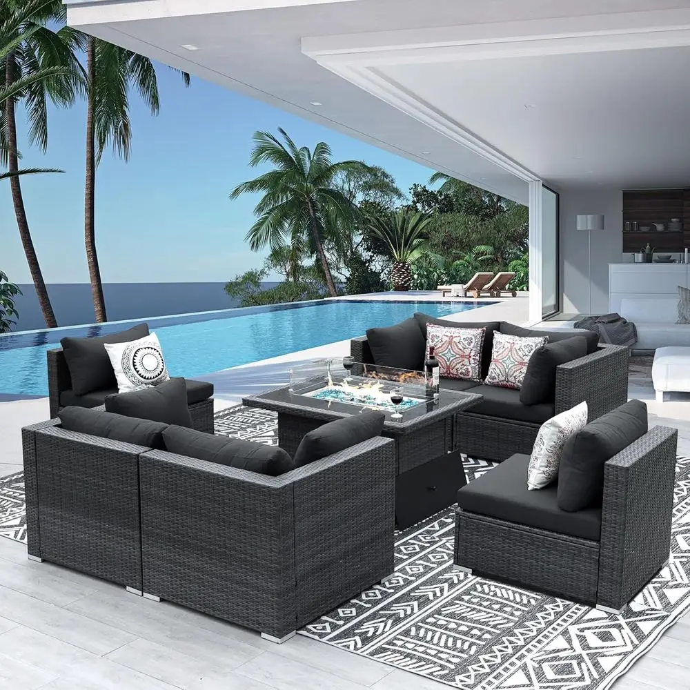 

Большой уличный секционный диван-гарнитур с очагом для костра, высокая спинка 29,3 дюйма, очень большой комплект диванов из искусственного ротанга, серый