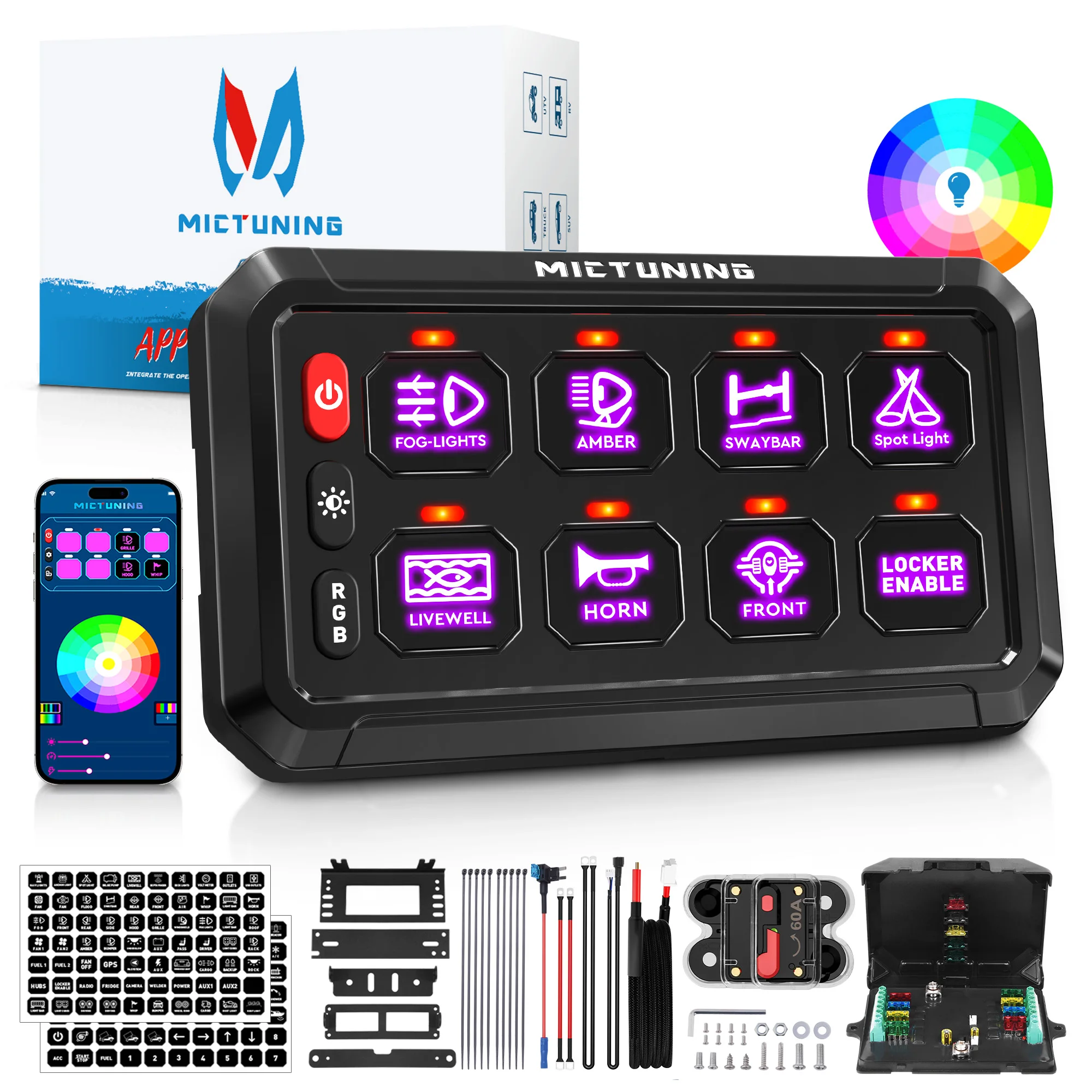 Mictuning 8/12 Gangs RGB LED On-Off Switch Panel bluetooth APP Control Universal Lights Electronic Power Relay Control System