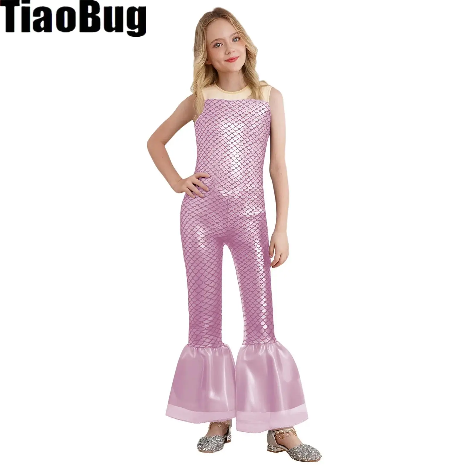 

Kids Girls Print Flared Mermaid Jumpsui Cosplay Costume Sleeveless Fish Scales Halloween Party Holiday Cosplay Costume