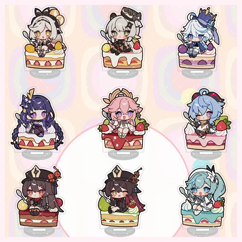 10cm Cute Cake Q Version Genshin Keychain Impact Acrylic Stand Furina Hu Tao Yae Miko Raiden Ganyu Desktop Ornament Fan Gift
