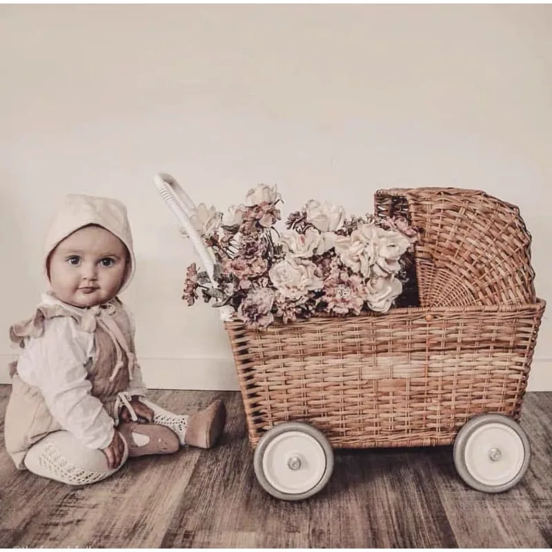 Ins Weave Baby Stroller Nordic Toy Storage Basket for Living Room Studio Photography Prop Minimalist Rattan Pram for Home Decor