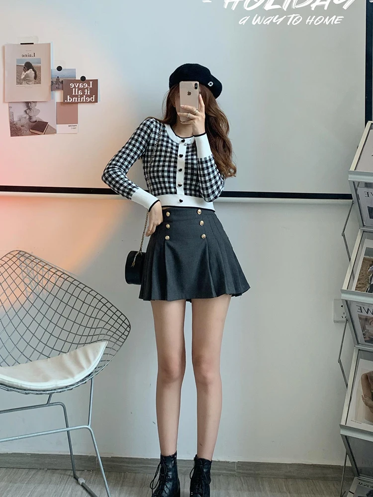 Autumn Winter Women Korean Vintage 2000s Aesthetic Outfits 2 Piece Set Plaid Long Sleeve Crop Cardigan Sweaters + Mini Skirt New