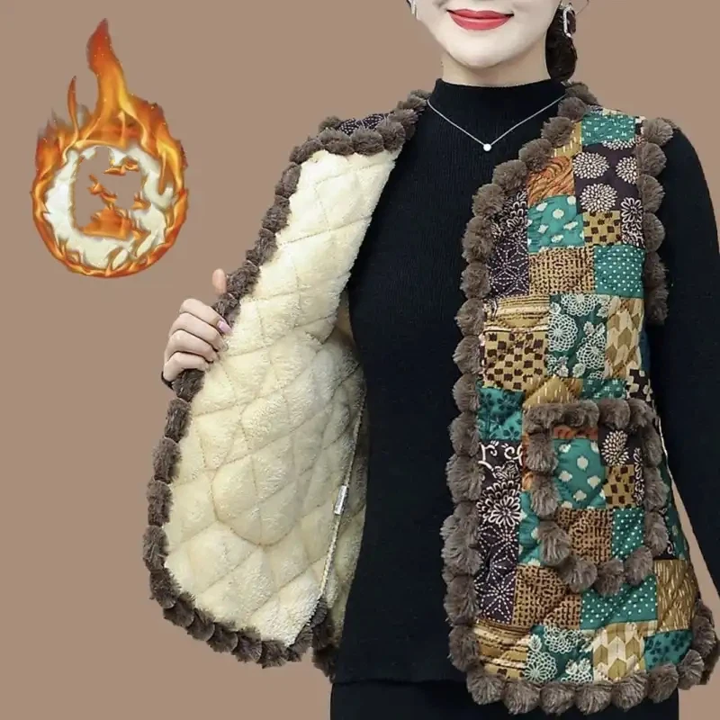 

Warm Patchwork Quilted Vest For Women Bohemian Style Winter Wear With Pom Pom Trim And Soft Lining