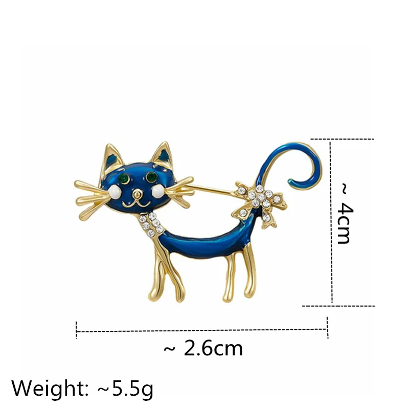 New Cute Blue Cat Brooch Korean Rhinestone Brooches For Women Gold Color Alloy Animal Pins Fashion Crystal Corsage Accessories