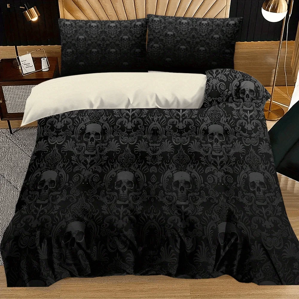 3pcs Black Skull Pattern Digital Printed Quilt Set- Includes 1 Quilt Cover and 2 Pillow Cover (without Filler)