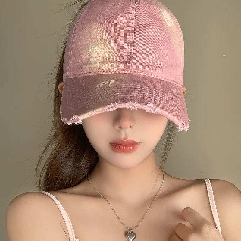 Pink Half Hollow-out Ripped Baseball Cap Women's Wide Brim Peaked Cap Makes Face Look Smaller-Shade Hat Can