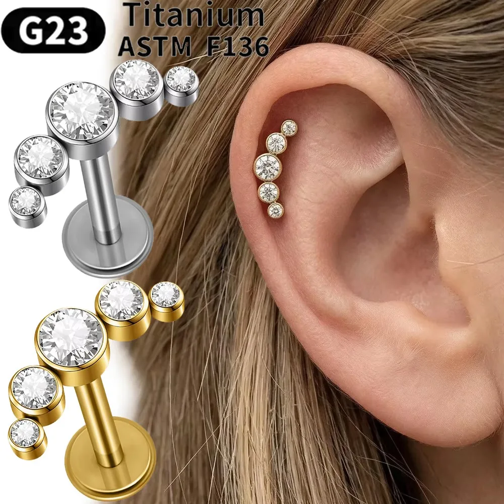 1PC G23 Titanium Curved Earrings Clear Round CZ Gem Ear Cartilage Tragus Helix Conch Stud Earring piercing Jewelry 16G 18G