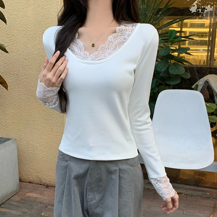 2026 Herbst Winter Damen T-Shirt Spitze Schlankes Basis-T-Shirt Elegantes Vielseitiges Strick-Layering-Oberteil mit Langen Ärmeln für Damen Neu eingetroffenes T-Shirt – Detail 15