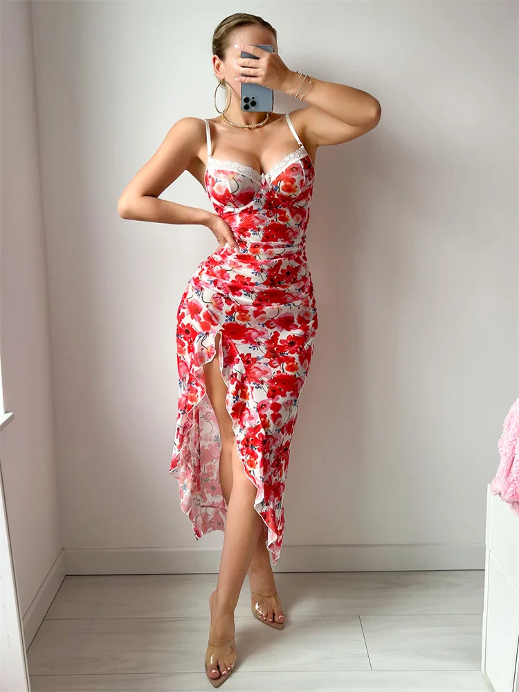 Camicia da notte sexy da donna Bretelle Stampa floreale Indumenti da notte Bellissimi volant in pizzo Splicing Indumenti da notte Abito da pigiama sottile senza maniche