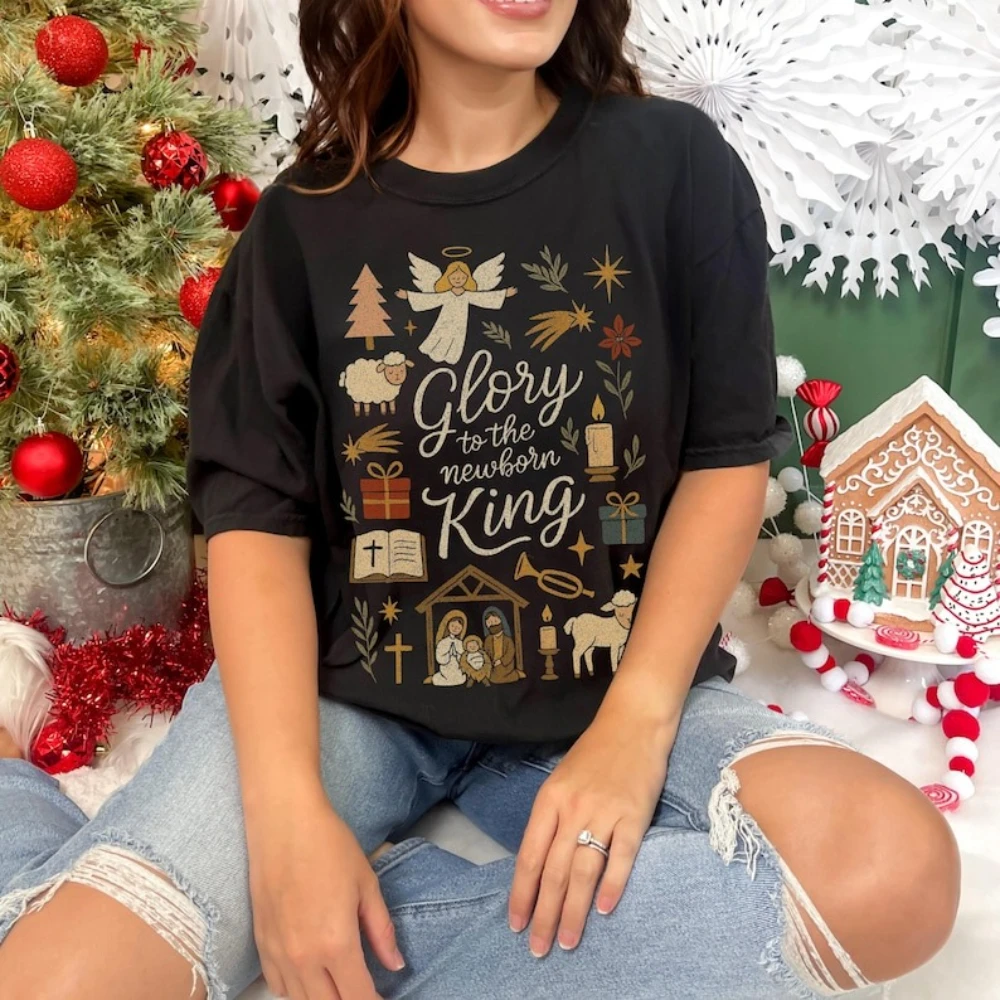 Vintage Christmas Doodles Printed Shirt Christian Nativity Tee Xmas Festival Costumes Christian Faith Men Women Unisex Tops