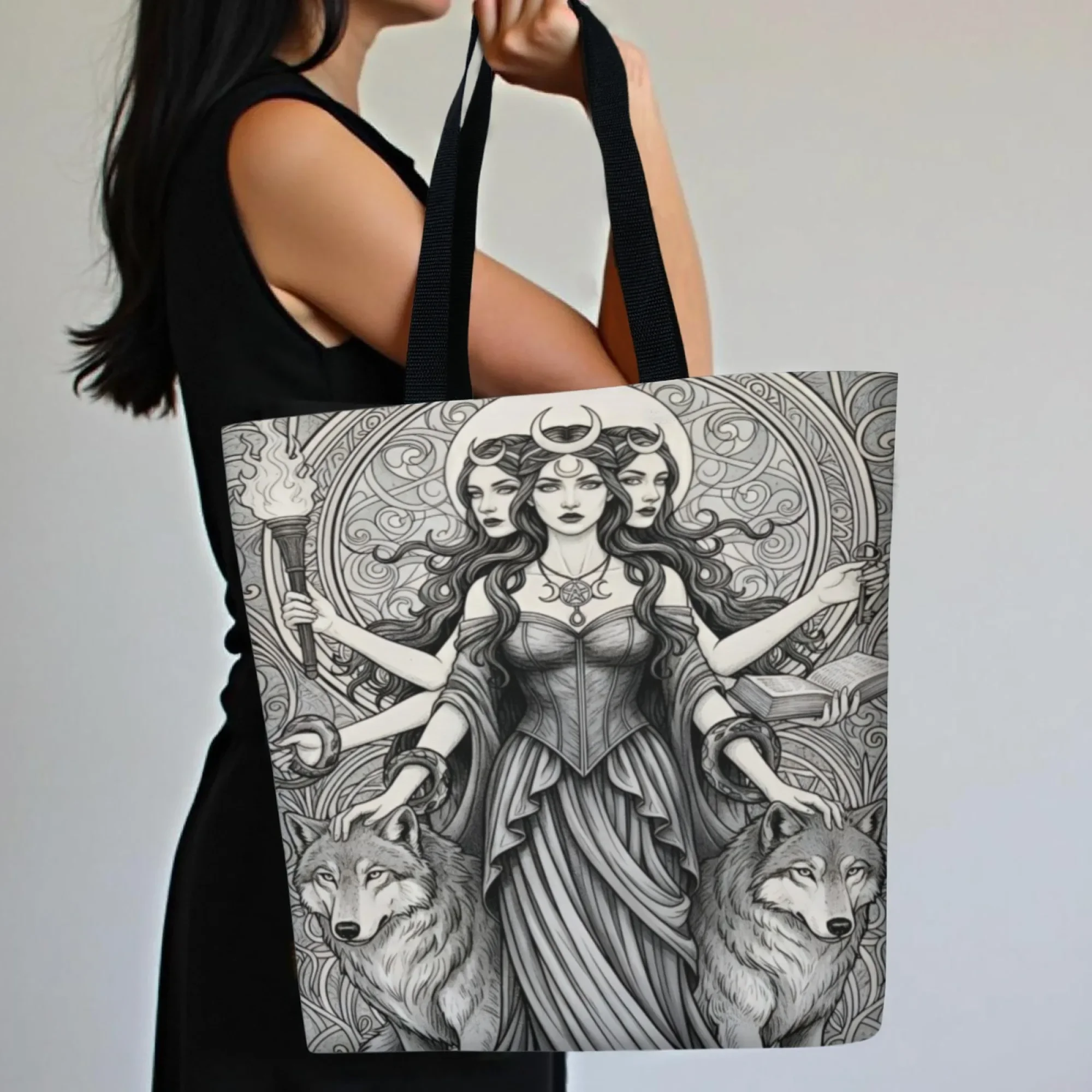 Hecate Occult Theme Canvas Tote Bag Greek Triple Goddess Pattern Reusable Shoulder Bag Perfect Gift for Mysticism Enthusiasts