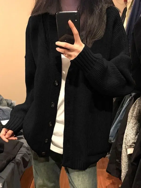 

Bla V-Ne Open Cardigan Sweater Women's Loose Knitted Outerwear Autumn Winter American Retro Sle Long Sve Top