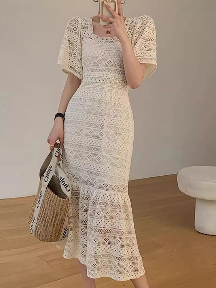 

Liliang Hollow out Lace Summer New Sle Women's Dr High Waist Long Fairy Skirt Faionable Commute Korean Sle Dres