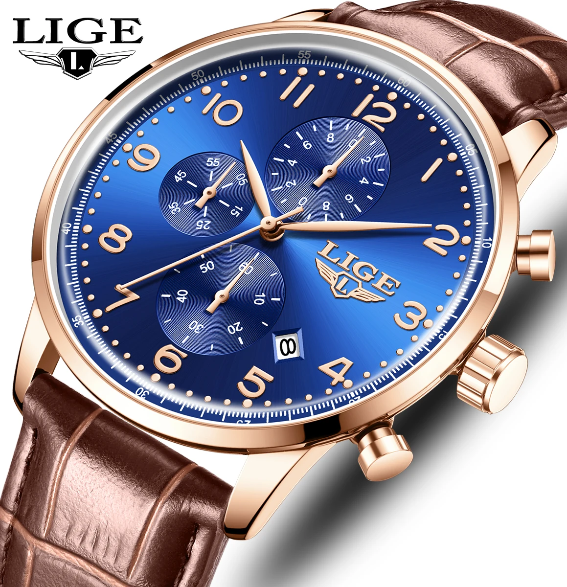 

LIGE Business Men's Luxury Watch Calendar Waterproof Man Wristwatch Fashion Sport Leather Chronograph Men's Quartz Watches Homme